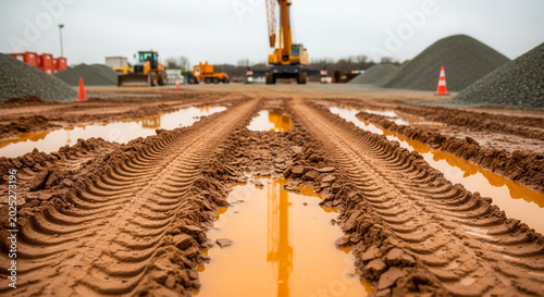 Mud puddle with tire tracks in heavy clay at construction site, industrial infrastructure and building development
