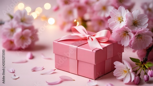 Pink gift box with cherry blossom flowers and soft bokeh background