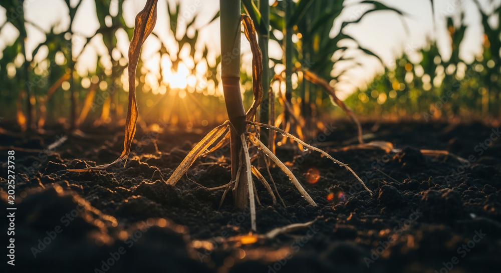 Close-up of corn roots soil and stalk at sunset, sustainable ...