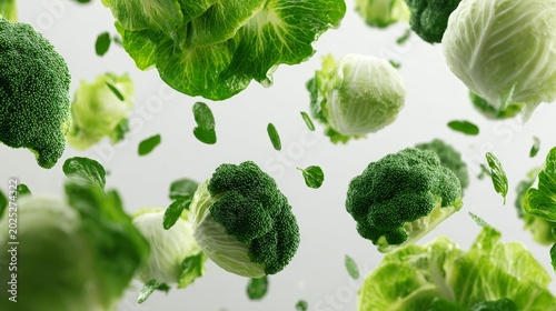 Green vegetables such as lettuce, broccoli, and spinach floating in clean minimal white background, 8K, realistic light, copy space