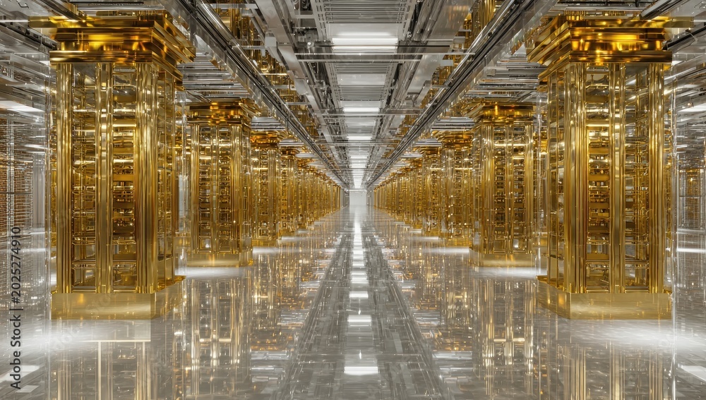 Fototapeta premium Endless golden hall of intricate columns under futuristic ceiling