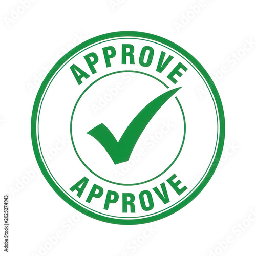 Green approve stamp with check mark icon. Circular validation seal for business documents. Approved quality control symbol.