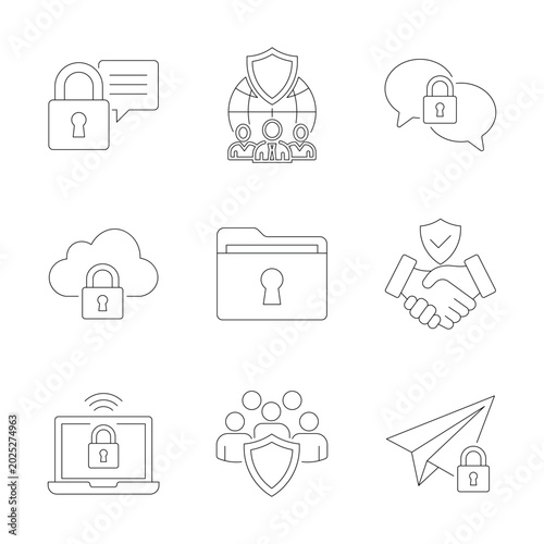 Enterprise Cybersecurity Line Icons Set - Secure Cloud Communication Privacy Protection Outline Vector Collection