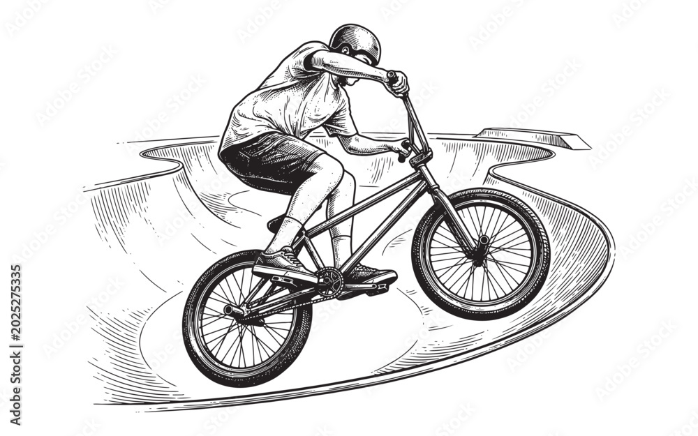 Fototapeta premium BMX Rider Performing Trick in Skatepark Pool, Vintage Hand-Drawn Engraving