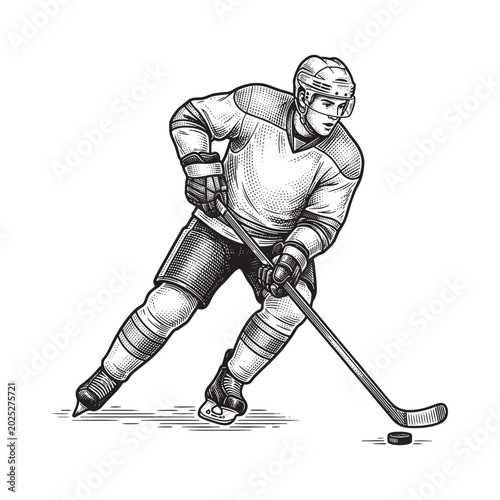Photography Ice Hockey Player Skating with Puck, Detailed Vintage Sports Illustration