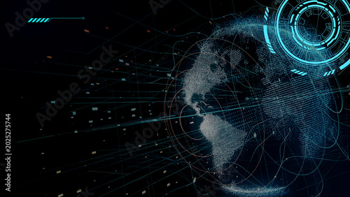 Digital globe with data network connections and hud interface elements
