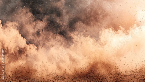 Erupting earth and particulate matter billows upward in a dusty, atmospheric explosion