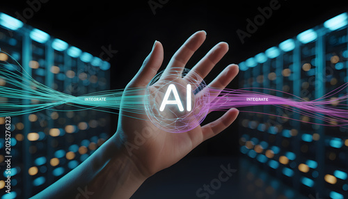 Digital illustration of a human hand touching a glowing robotic hand. A futuristic concept symbolizing artificial intelligence, human-machine interaction, and advanced technology network.