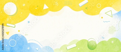 Abstract watercolor background with colorful geometric shapes and copy space for web design. banner format