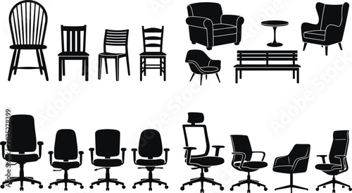Tableau sur toile Black silhouettes of household and office chairs including Windsor, armchairs, l