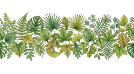 Watercolor Assorted Green Tropical and Forest Leaves Arranged As Horizontal Border on White Background