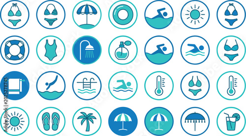 Billede på lærred Circular summer and beach icons featuring swimsuits, umbrellas, swimming pool, p