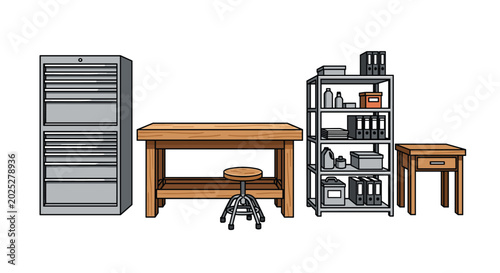 Functional workshop or garage with a gray tool cabinet, a wooden workbench, a metal shelving unit with binders and boxes, and a small side table, designed for practical tasks.