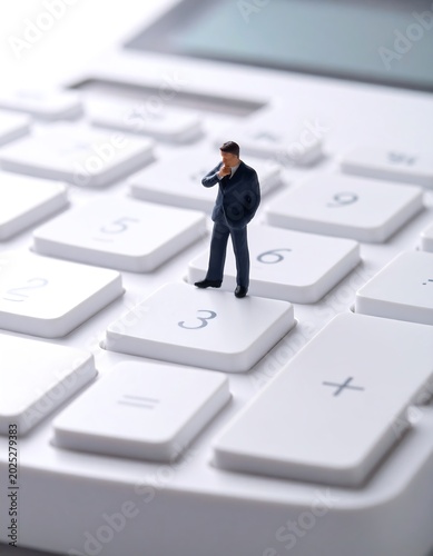 Miniature businessman standing on a calculator concept financial analysis