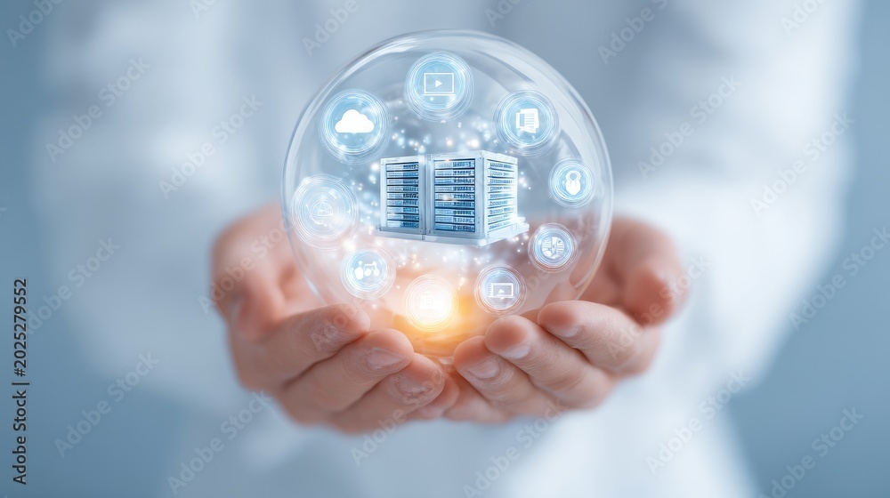 Fototapeta premium Hands holding transparent sphere with digital icons and server in center