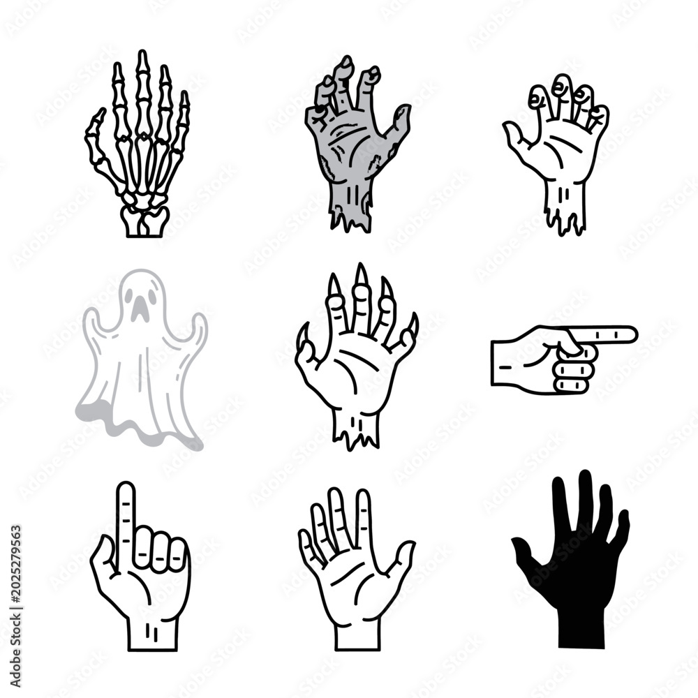 Fototapeta premium Set of halloween themed hand gestures and ghost character illustrations