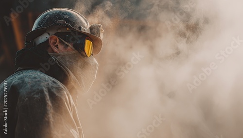 Industrial Worker in Protective Gear Amidst Steam and Smoke.