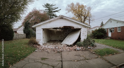 Damaged Garage Door Collapsed After Severe Weather Event.