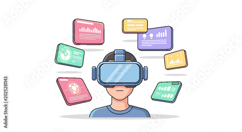 Exploring virtual data: A person in a VR headset interacts with floating analytical dashboards, representing immersive technology and future data management.