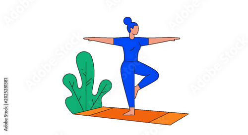 Woman practicing yoga balance pose on mat with green plant, healthy lifestyle, wellness, mindful exercise, flat vector illustration
