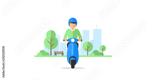 Man in helmet riding a blue scooter through a park with trees and buildings in the background, flat design.