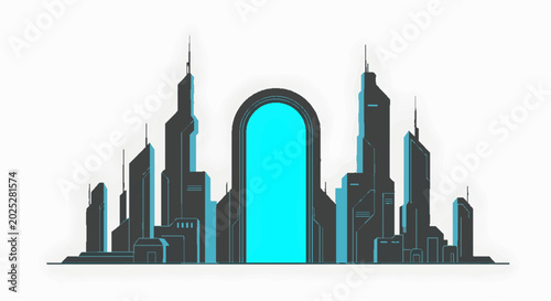 Futuristic Cityscape with Glowing Portal - Modern Architecture and Sci-Fi Portal Gateway