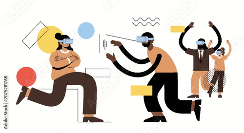 Diverse people experiencing virtual reality, interacting in a digital metaverse with abstract shapes and futuristic technology