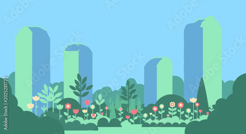 Stylized flat illustration of a vibrant garden with blooming flowers and abstract green buildings against a clear blue sky.