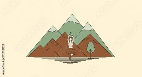 Woman practicing yoga tree pose in front of stylized mountains and forest, representing balance and nature.