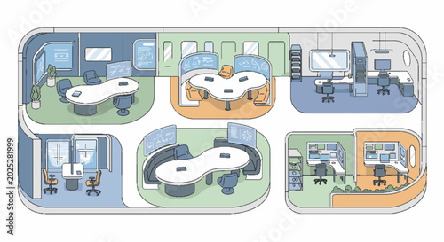 Modern Command Center with Multiple Workstations and Meeting Rooms, Futuristic Control Room Design