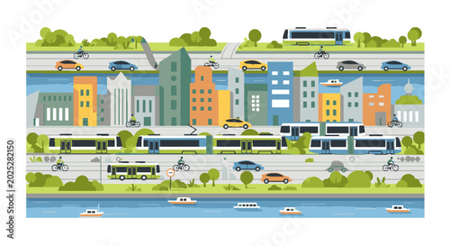 Eco-friendly city with sustainable transport, green spaces, and modern buildings, illustrating urban development and smart living.