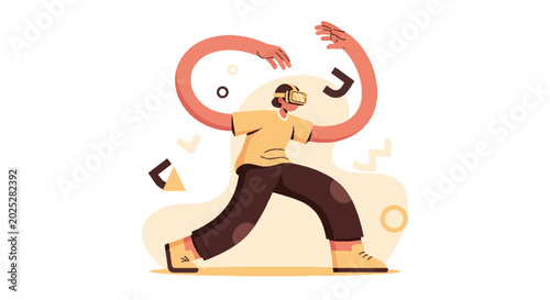 Person experiencing immersive virtual reality, interacting with abstract digital elements in a futuristic metaverse environment. Modern flat illustration of future tech.