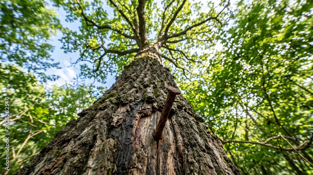 Fototapeta premium Ancient tree stands tall, trunk thick and rugged