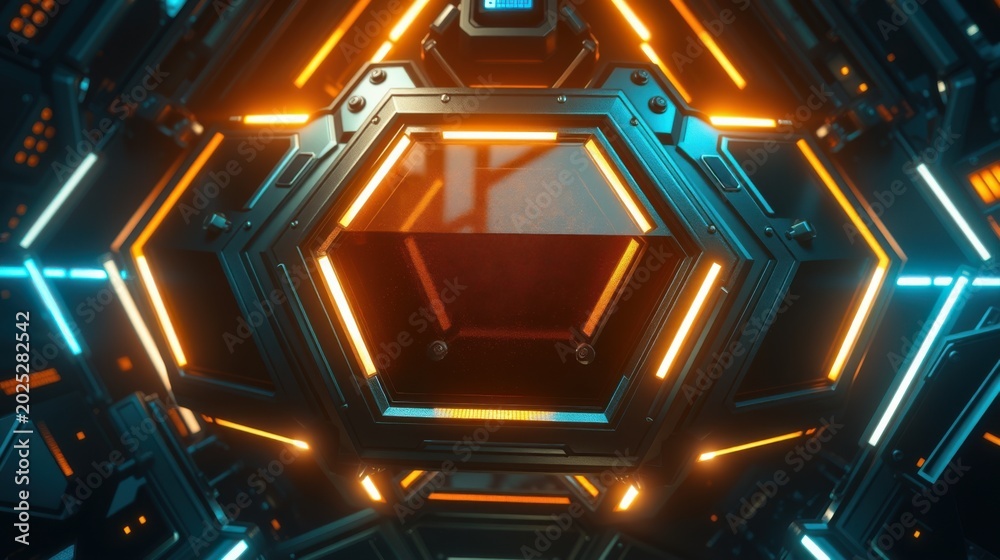 Fototapeta premium Futuristic tunnel, hexagonal structure, bright orange, cyan lights. Dark background creates dramatic visual effect. Complex geometry.
