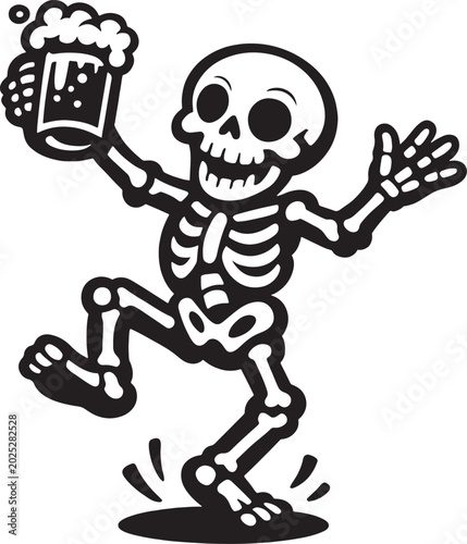 Cute dancing skeleton holding beer mug vector illustration, funny cartoon skull raising a toast with a pint of ale, spooky black and white Halloween graphic element