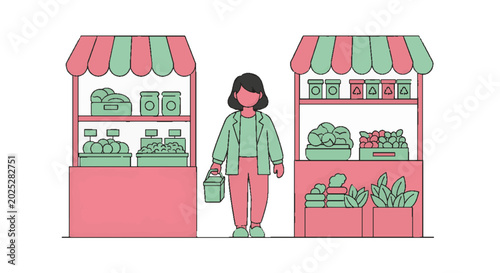 Woman shopping for fresh produce at a vibrant outdoor farmer's market, surrounded by colorful stalls with fruits, vegetables, and local goods. Flat vector illustration.