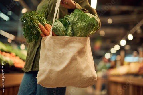 Person holding reusable bag brimming with fresh produce in a well-lit grocery store