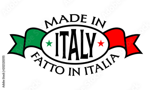 Made in Italy Fatto in Italia logo with a stylized national flag ribbon on a white background.