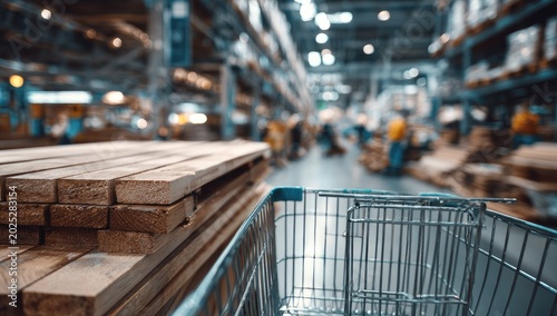 Shopping cart approaches stacked lumber in a vast retail warehouse