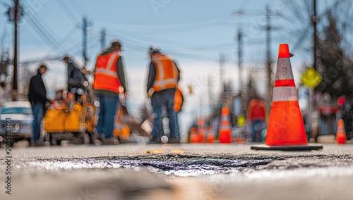 Road Construction Crew Working on Pothole Repair with Safety Cones.
