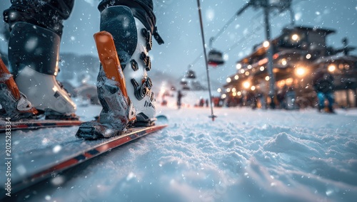 Close-up on ski boots and skis on snowy slope, ski lift and village lights
