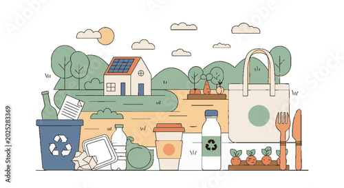 Modern illustration of sustainable living and eco-friendly practices: recycling, solar energy, organic gardening, and reusable items for a greener future.