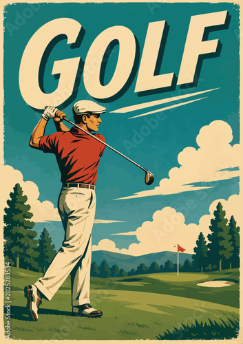 084-42-Retro golfer playing on green course with flag against blue sky and clouds