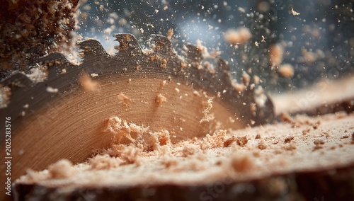 Close-up of circular saw blade teeth cutting through wood, dust flying