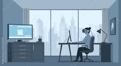 Person wearing VR headset working on computer in modern office with city view, immersive technology concept