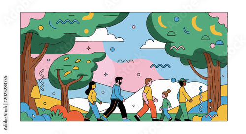 Diverse group of people walking together in a park with trees and colorful abstract shapes, representing community and outdoor activity.