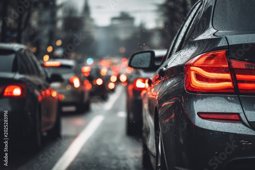 Rain-slicked street at dusk, tail lights glow in congested traffic