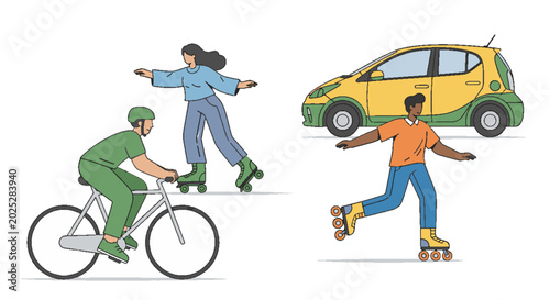 Diverse people enjoying eco-friendly transportation like cycling, rollerblading, and electric car use for a sustainable lifestyle