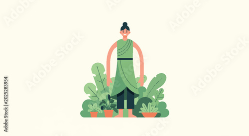 Woman in green dress standing in lush green plants and potted plants, healthy lifestyle and nature concept