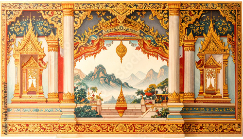Ornate Thai Temple Architecture With Mountain Landscape Background